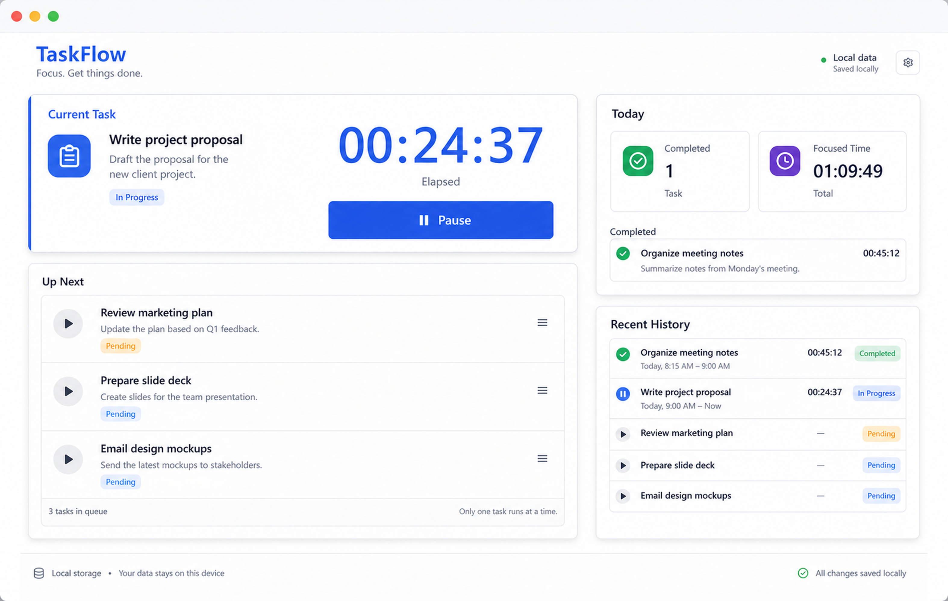 把当前工作、任务队列、持续时长和完成记录放在一起的 TaskFlow 高清重绘界面